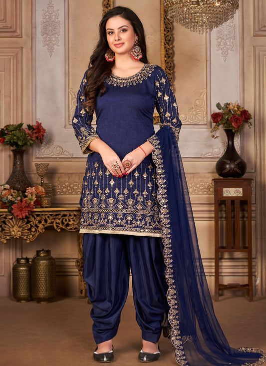 Patiala Suit Art Silk Blue Embroidered Salwar Kameez