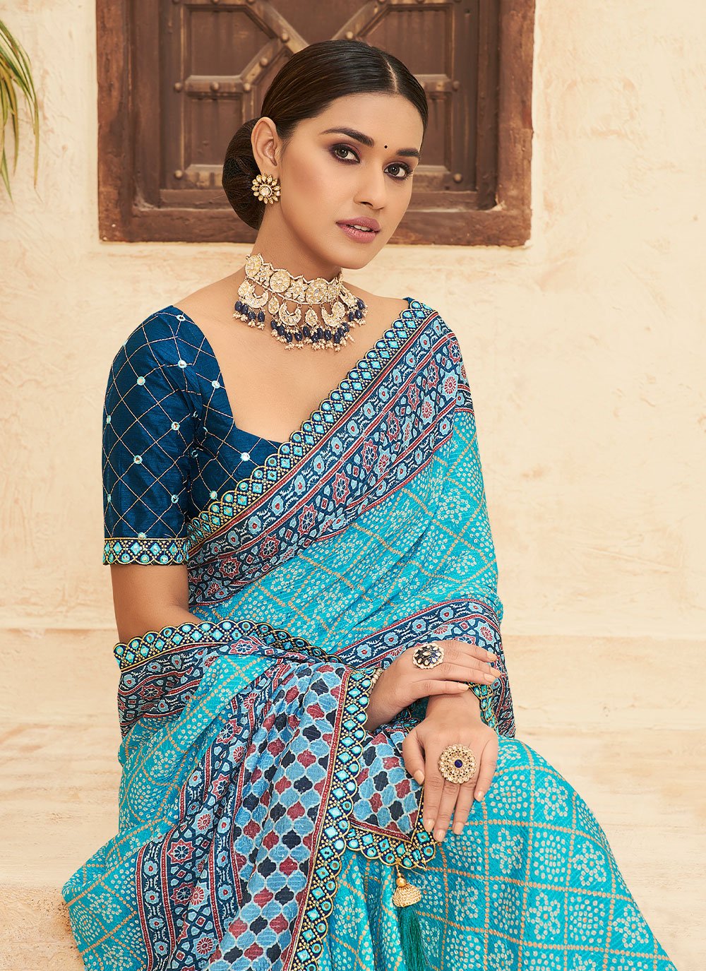 Classic Chinon Aqua Blue Bandhej Saree