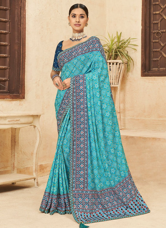 Classic Chinon Aqua Blue Bandhej Saree