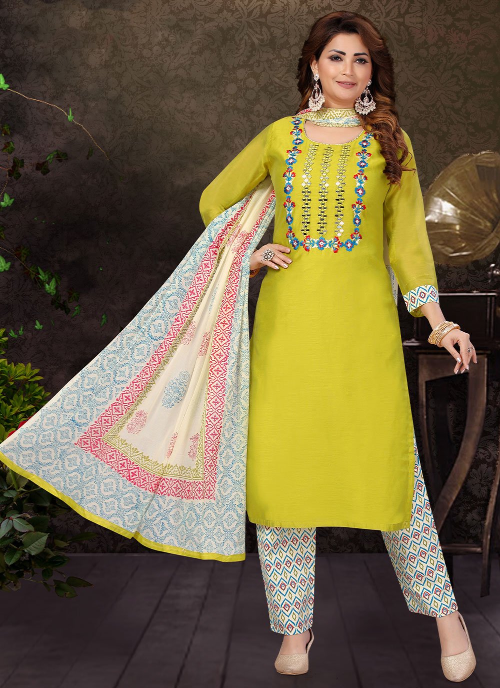 Pant Style Suit Chanderi Green Embroidered Salwar Kameez