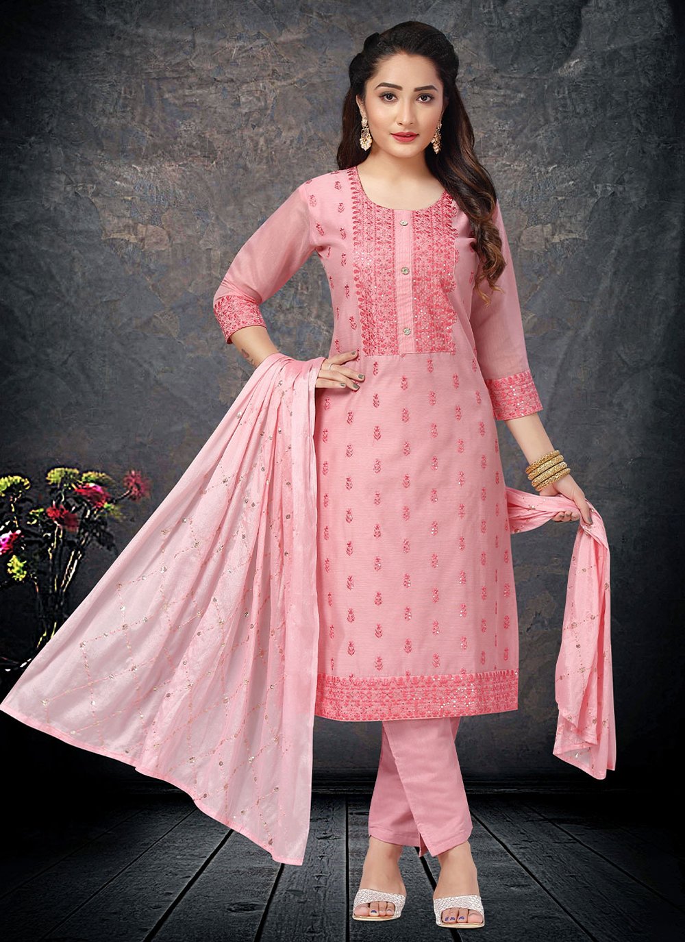 Salwar Suit Chanderi Pink Embroidered Salwar Kameez