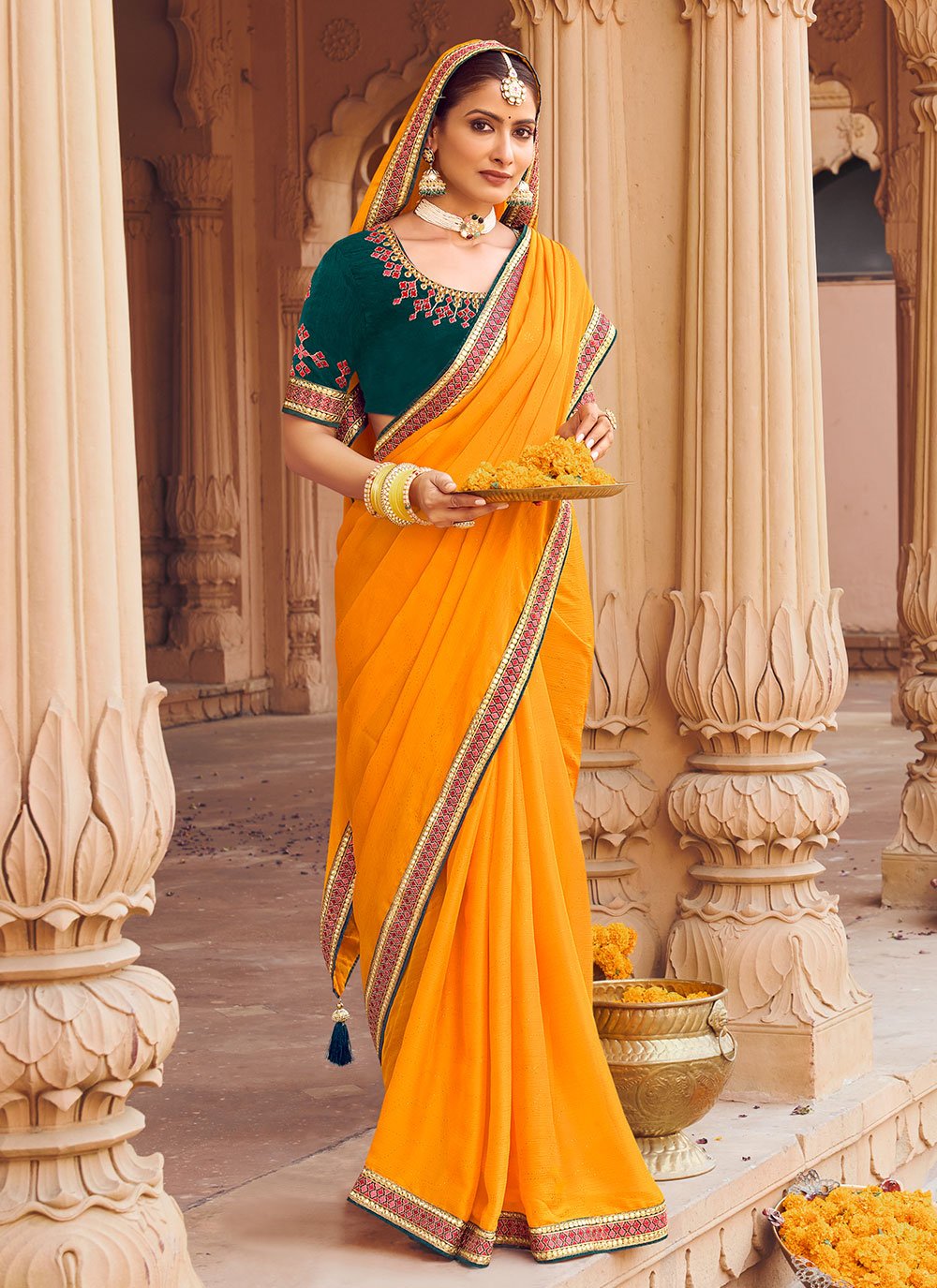 Contemporary Chiffon Satin Mustard Embroidered Saree