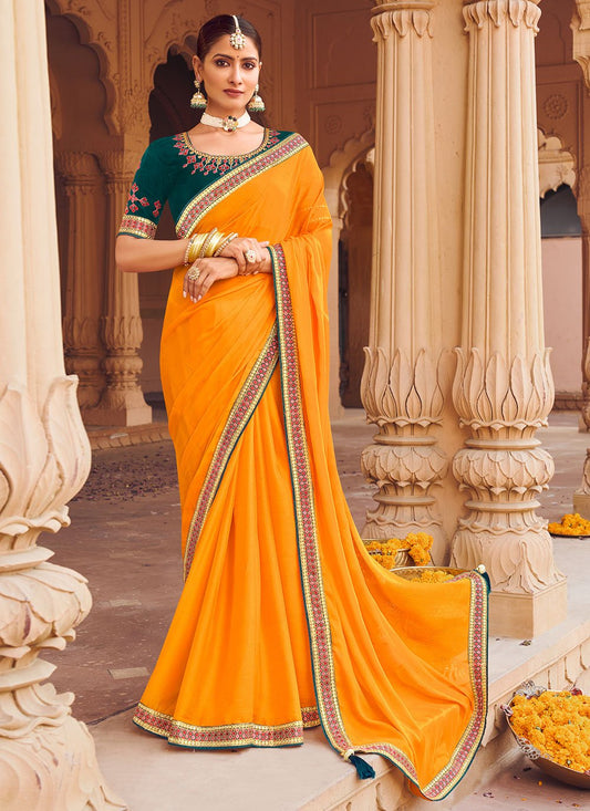 Contemporary Chiffon Satin Mustard Embroidered Saree