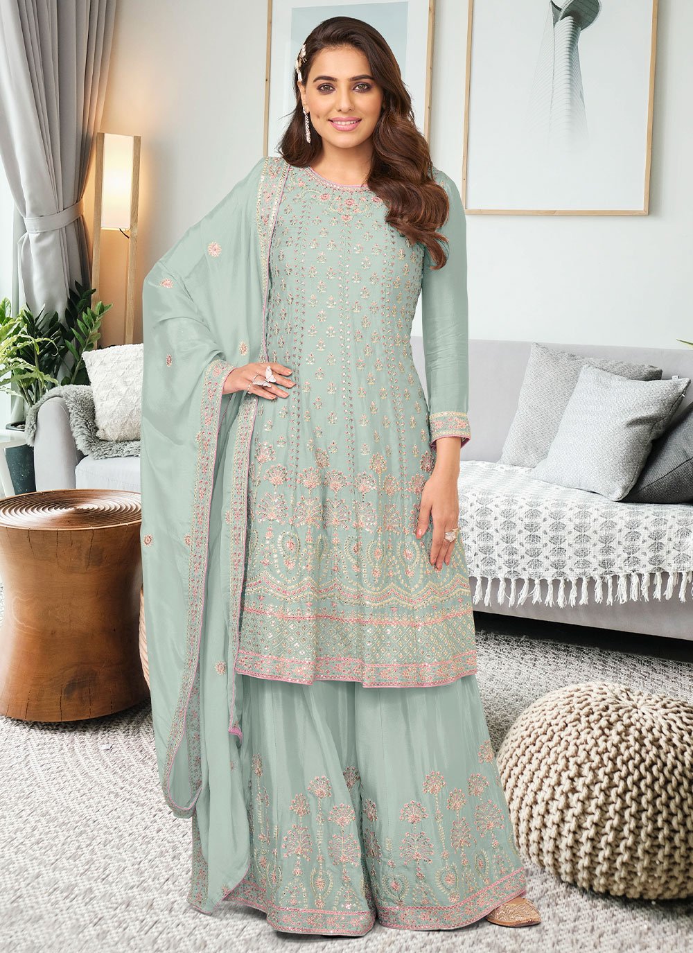 Salwar Suit Chinon Sea Green Embroidered Salwar Kameez