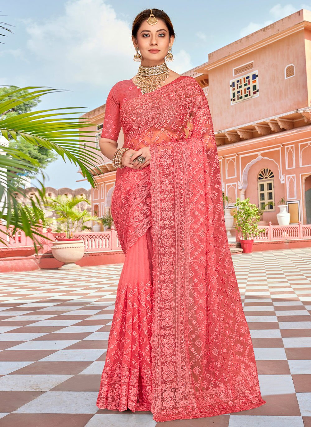 Classic Net Pink Embroidered Saree