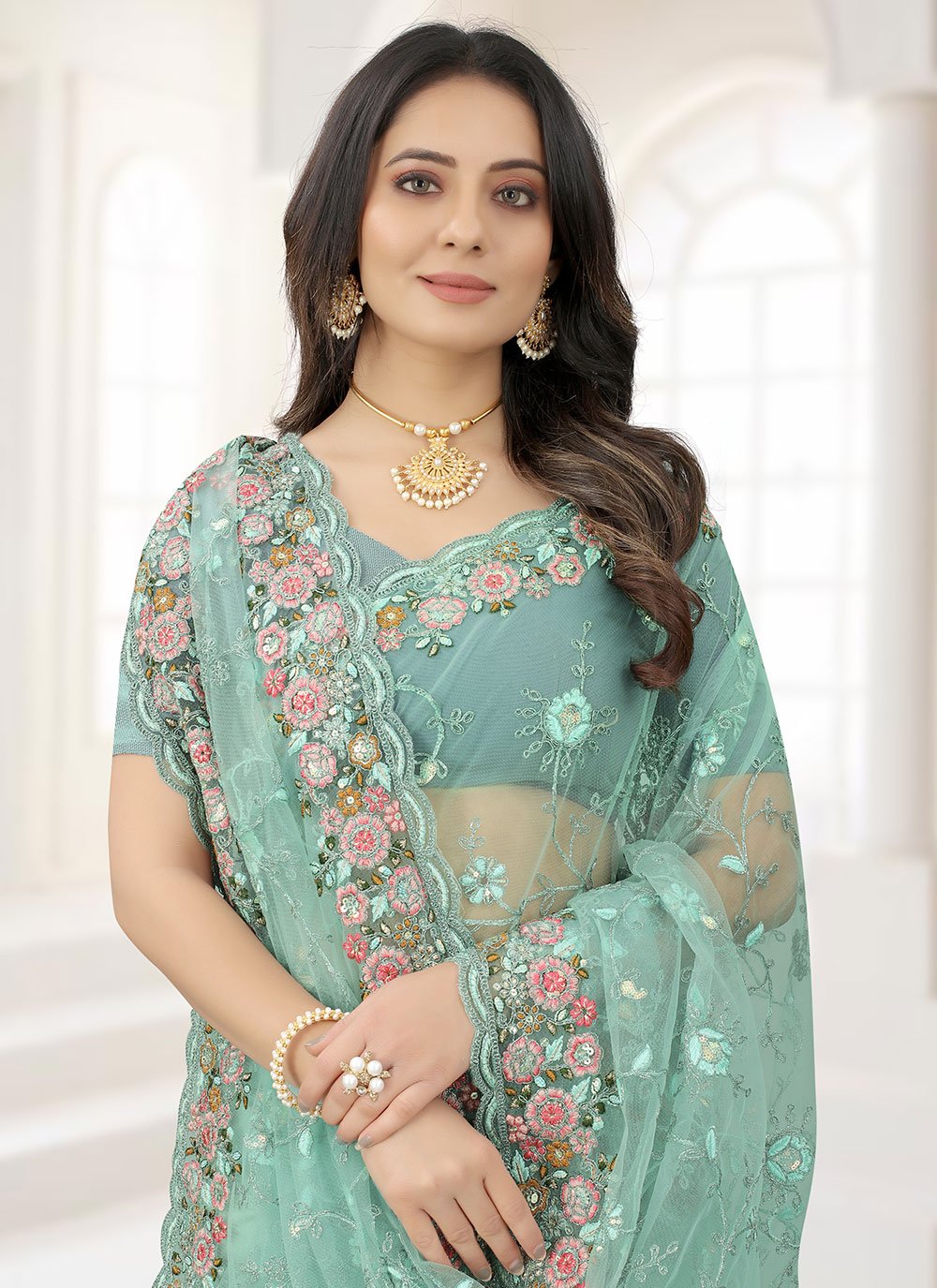 Contemporary Net Sea Green Embroidered Saree