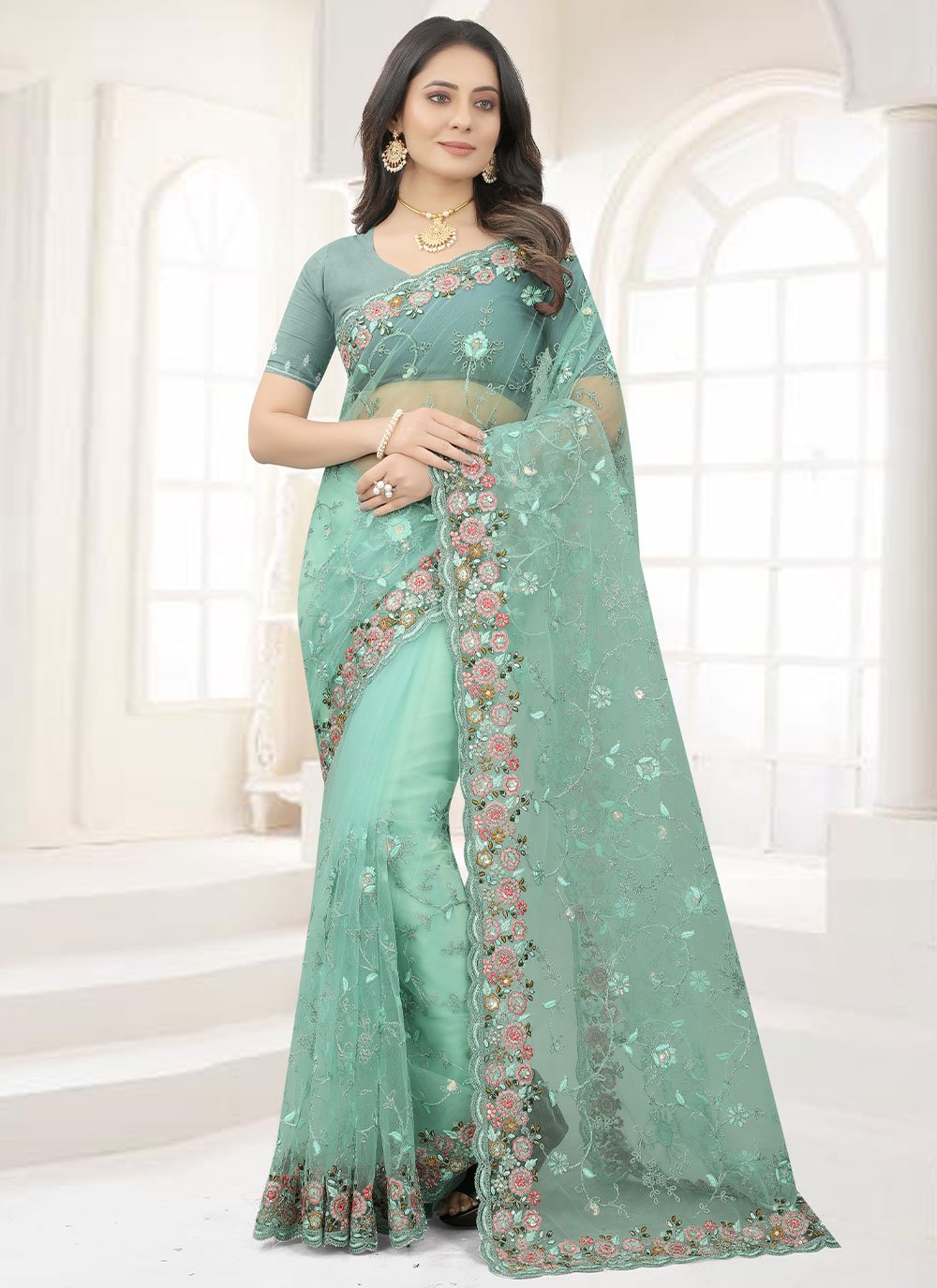 Contemporary Net Sea Green Embroidered Saree