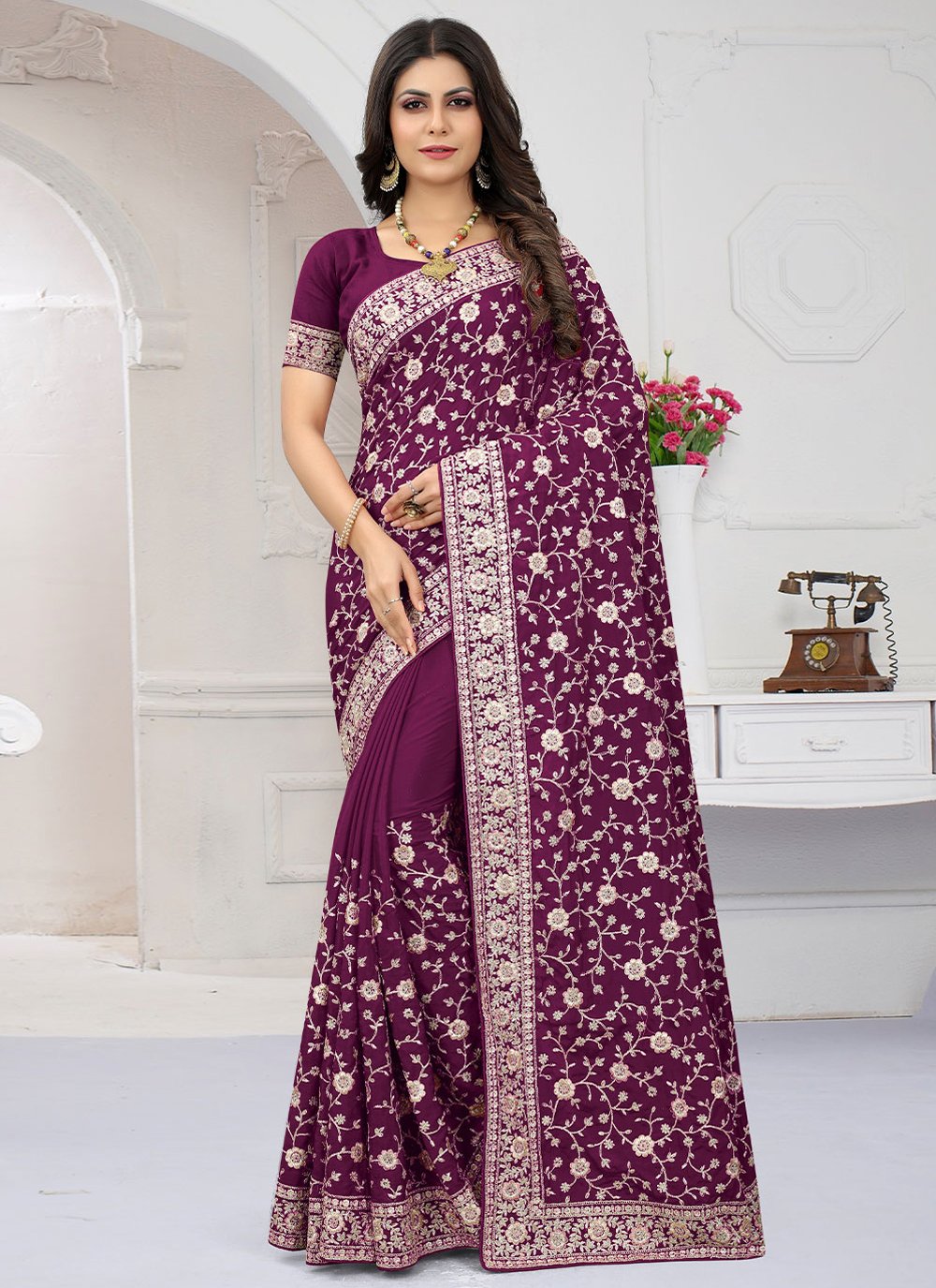 Classic Crepe Silk Wine Embroidered Saree