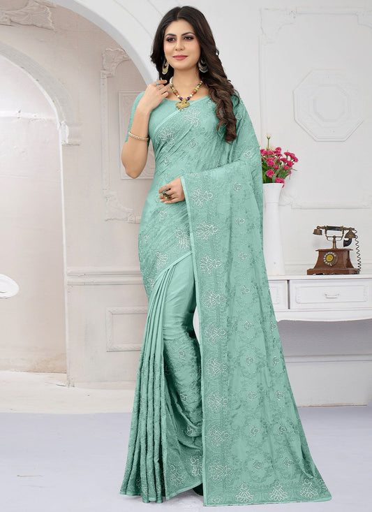 Trendy Saree Crepe Silk Sea Green Embroidered Saree