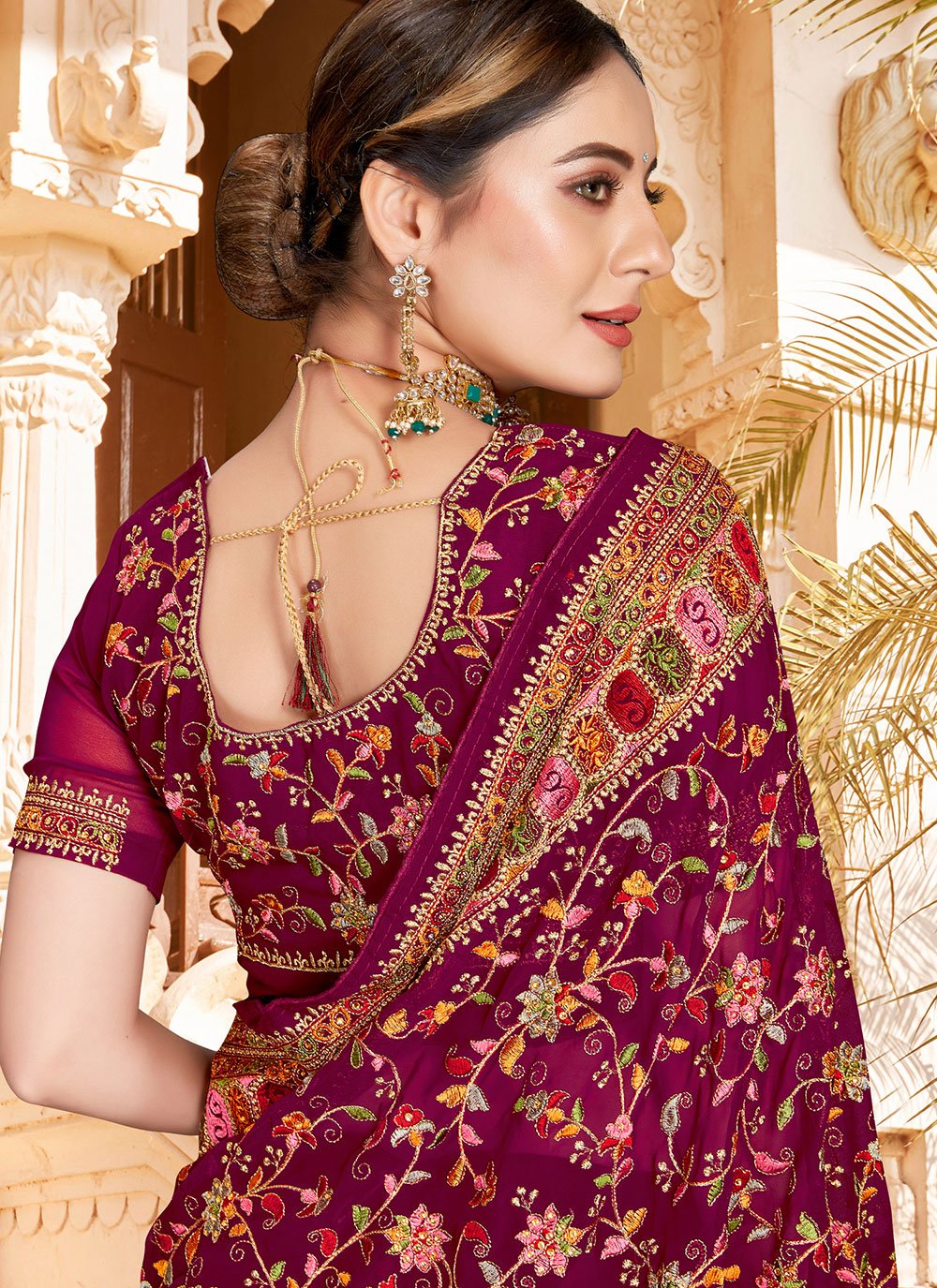 Classic Georgette Wine Embroidered Saree