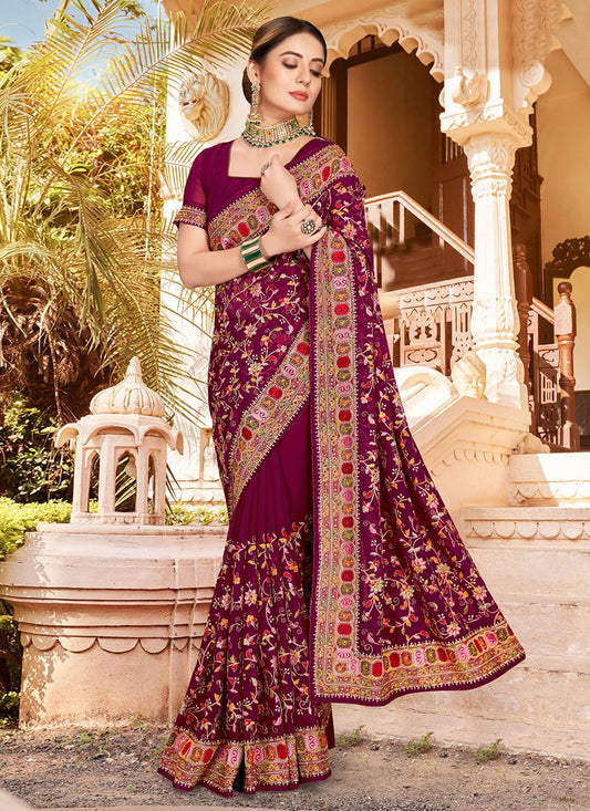 Classic Georgette Wine Embroidered Saree