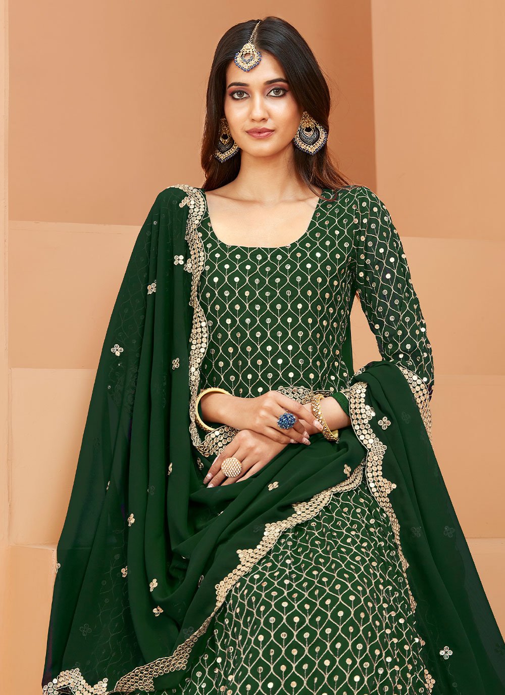 Floor Lenght Salwar Suit Faux Georgette Green Embroidered Salwar Kameez