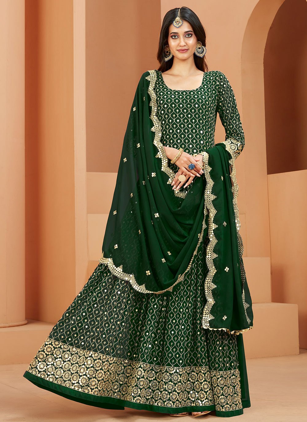 Floor Lenght Salwar Suit Faux Georgette Green Embroidered Salwar Kameez