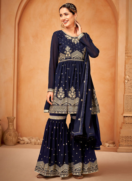 Sharara Set Faux Georgette Blue Embroidered Salwar Kameez