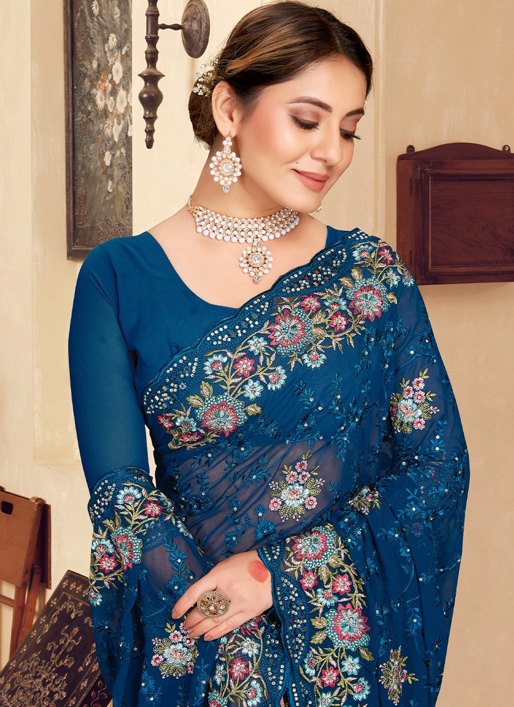 Contemporary Georgette Blue Embroidered Saree