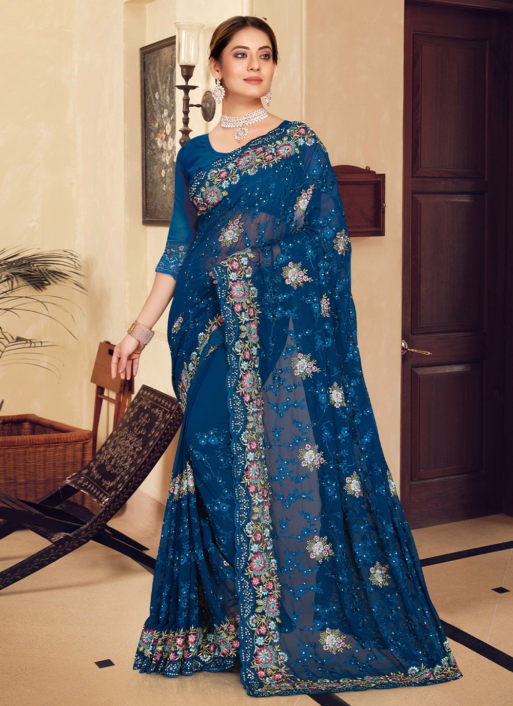 Contemporary Georgette Blue Embroidered Saree