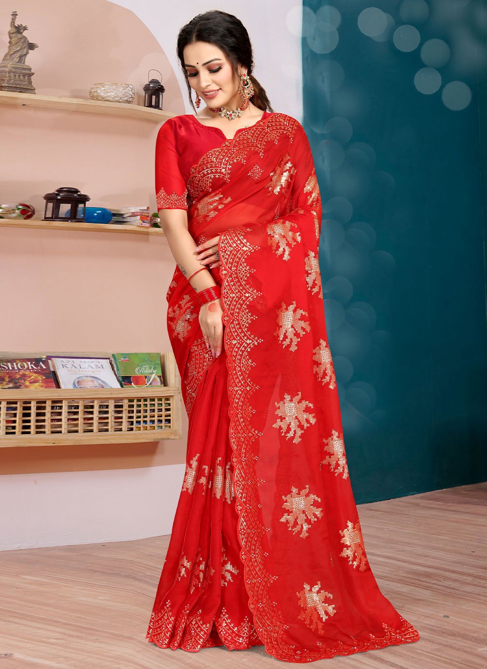 Trendy Saree Organza Silk Red Diamond Saree