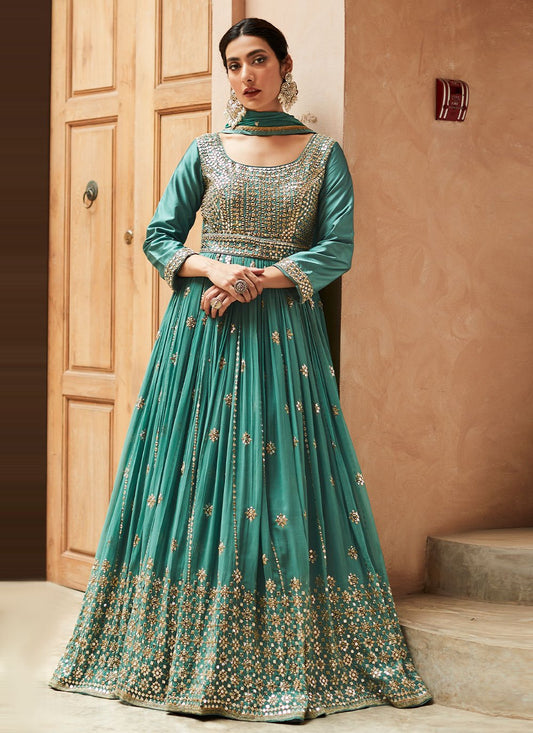 Anarkali Suit Georgette Sea Green Embroidered Salwar Kameez