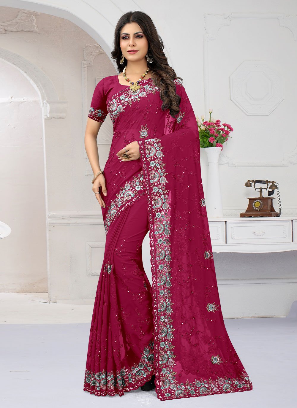 Contemporary Georgette Rani Embroidered Saree