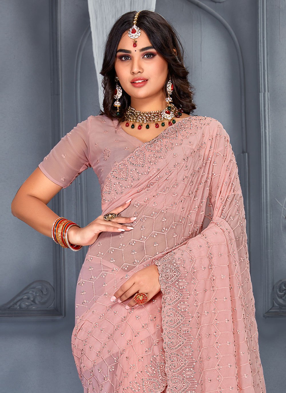 Designer Georgette Peach Embroidered Saree