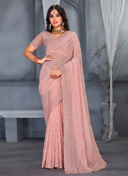 Designer Georgette Peach Embroidered Saree