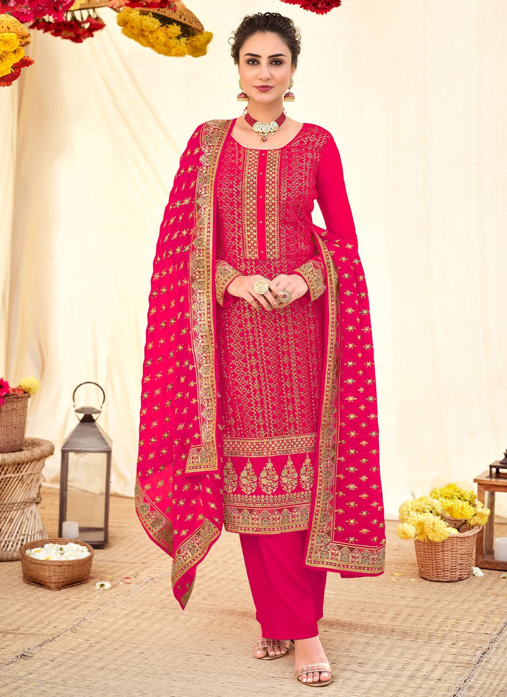 Salwar Suit Georgette Red Embroidered Salwar Kameez