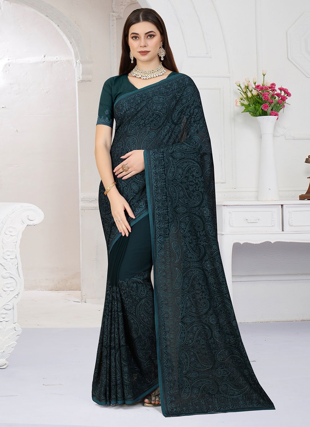 Classic Georgette Morpeach Embroidered Saree