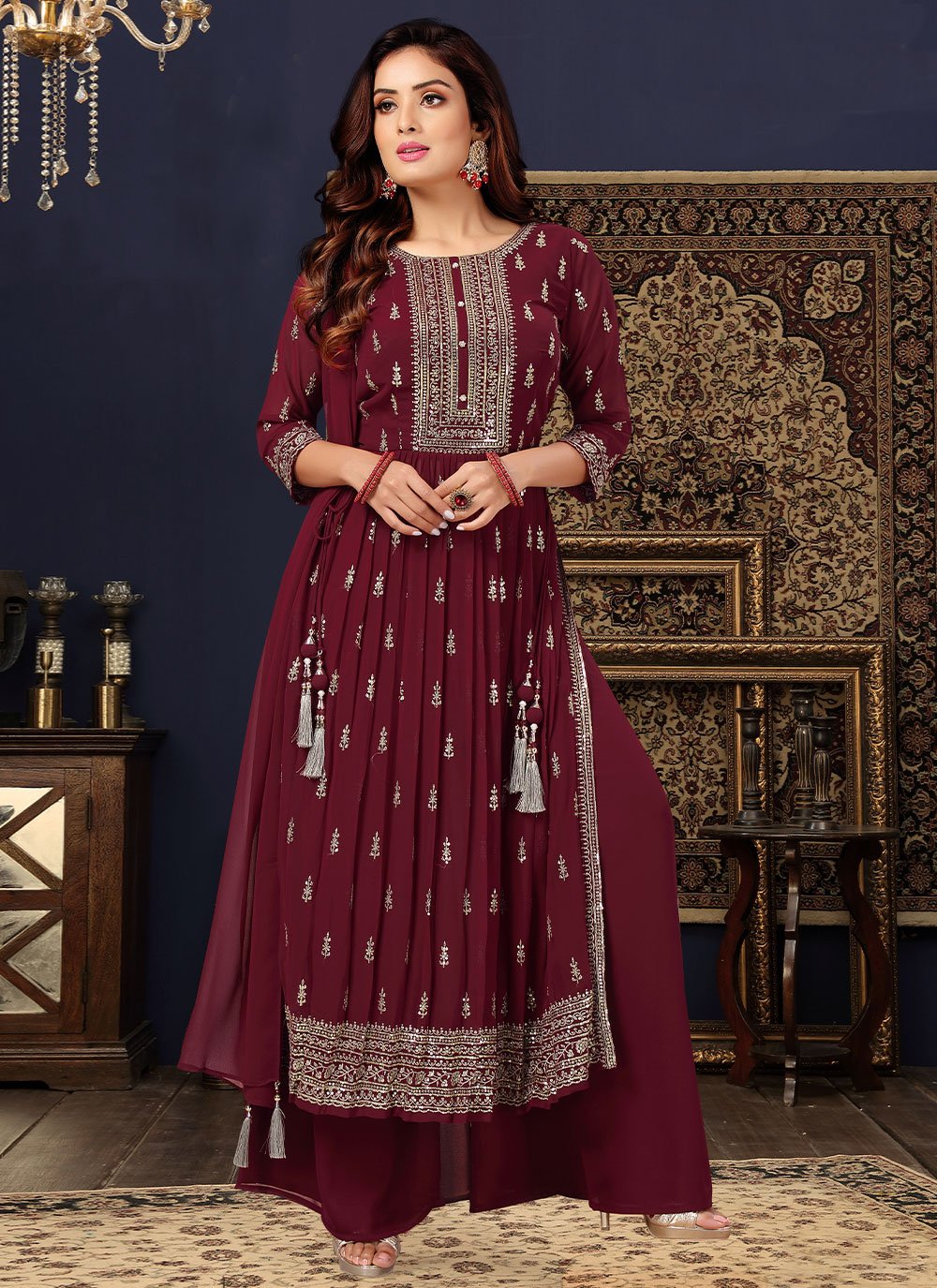 Salwar Suit Georgette Maroon Embroidered Salwar Kameez