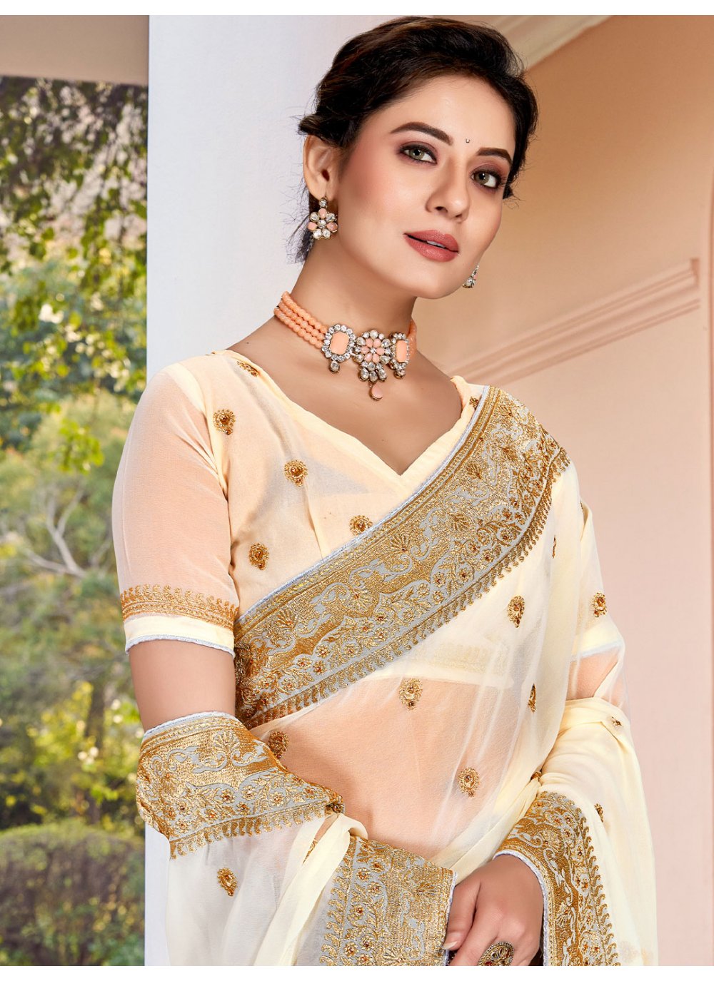 Trendy Saree Georgette Off White Embroidered Saree