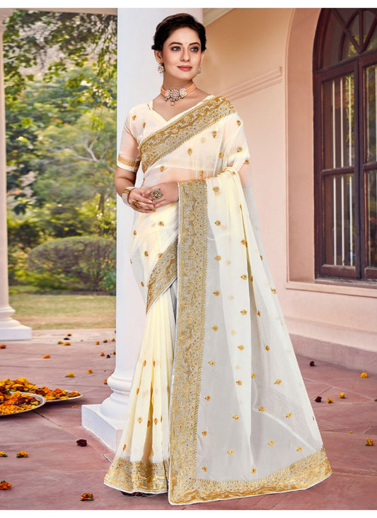 Trendy Saree Georgette Off White Embroidered Saree