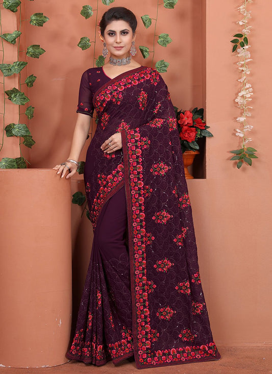 Designer Georgette Wine Embroidered Saree