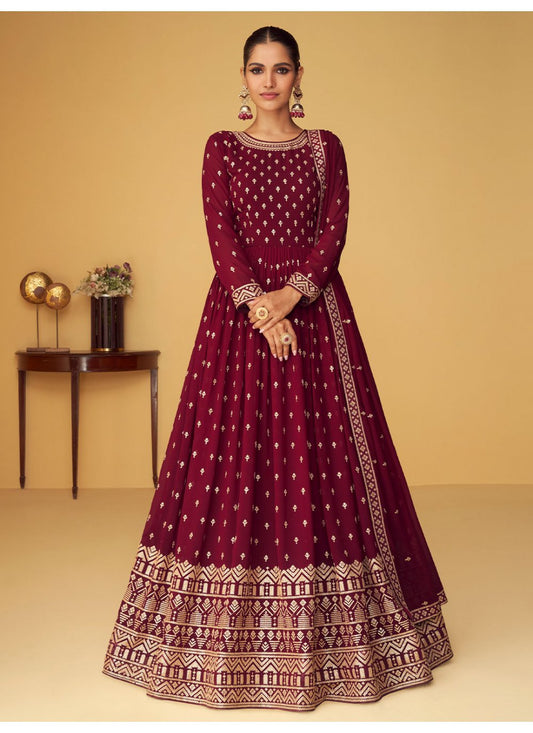 Salwar Suit Georgette Wine Embroidered Salwar Kameez