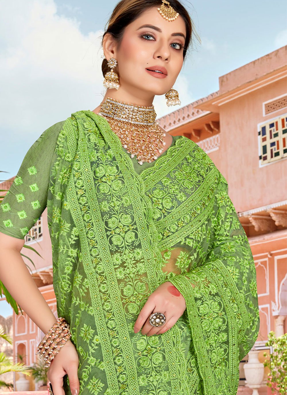 Trendy Saree Net Green Embroidered Saree