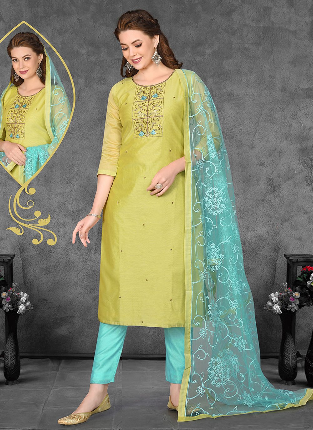 Salwar Suit Chanderi Green Embroidered Salwar Kameez