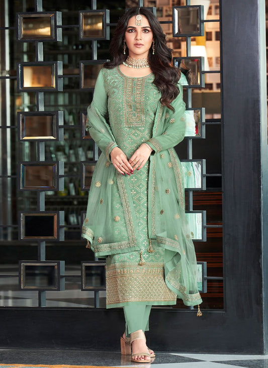 Pant Style Suit Jacquard Viscose Sea Green Embroidered Salwar Kameez