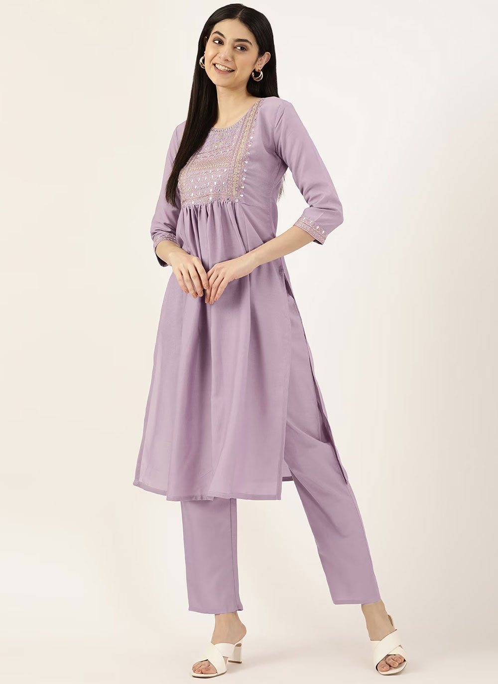 Party Wear Kurti Cotton Polyester Lavender Embroidered Kurtis