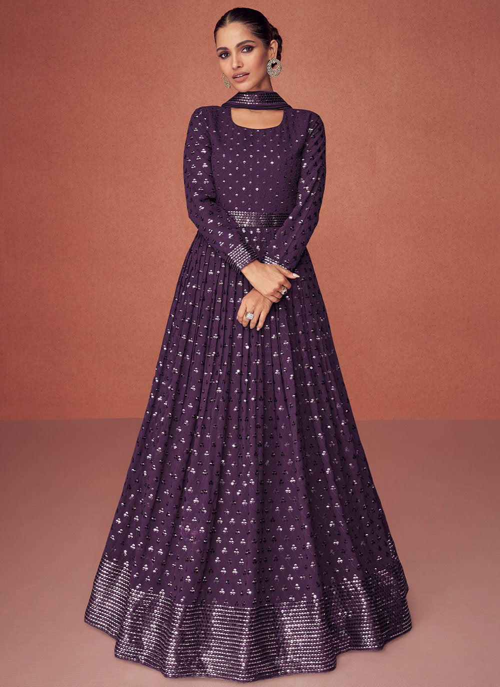 Floor Lenght Salwar Suit Georgette Purple Embroidered Salwar Kameez