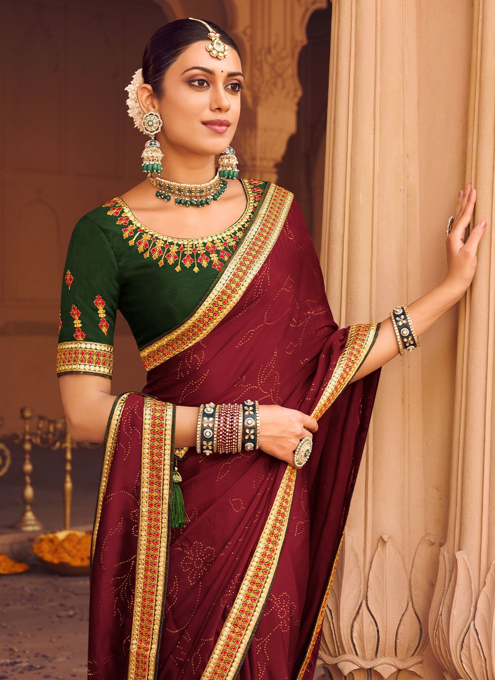 Classic Chiffon Satin Maroon Embroidered Saree