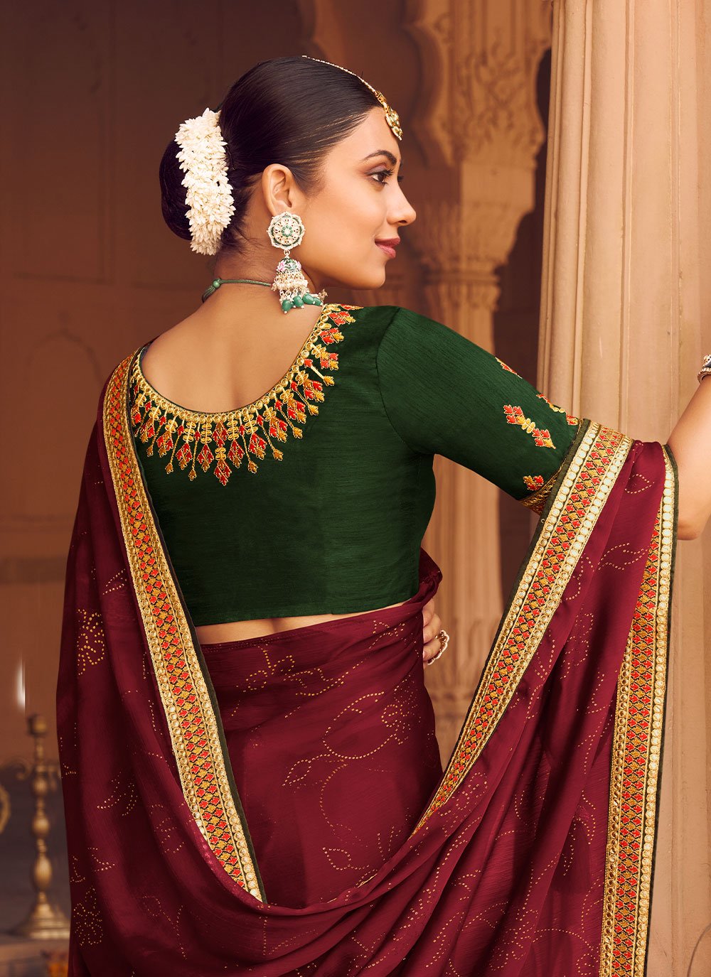 Classic Chiffon Satin Maroon Embroidered Saree