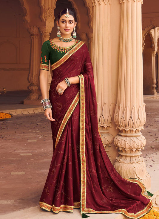 Classic Chiffon Satin Maroon Embroidered Saree