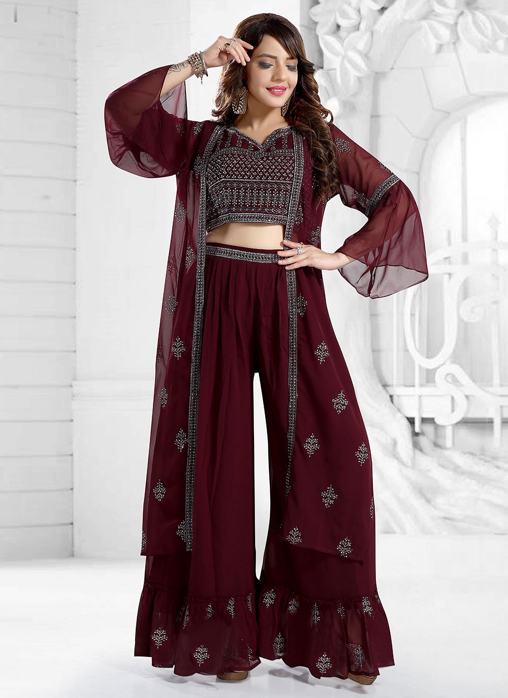 Palazzo Salwar Suit Faux Georgette Maroon Embroidered Salwar Kameez