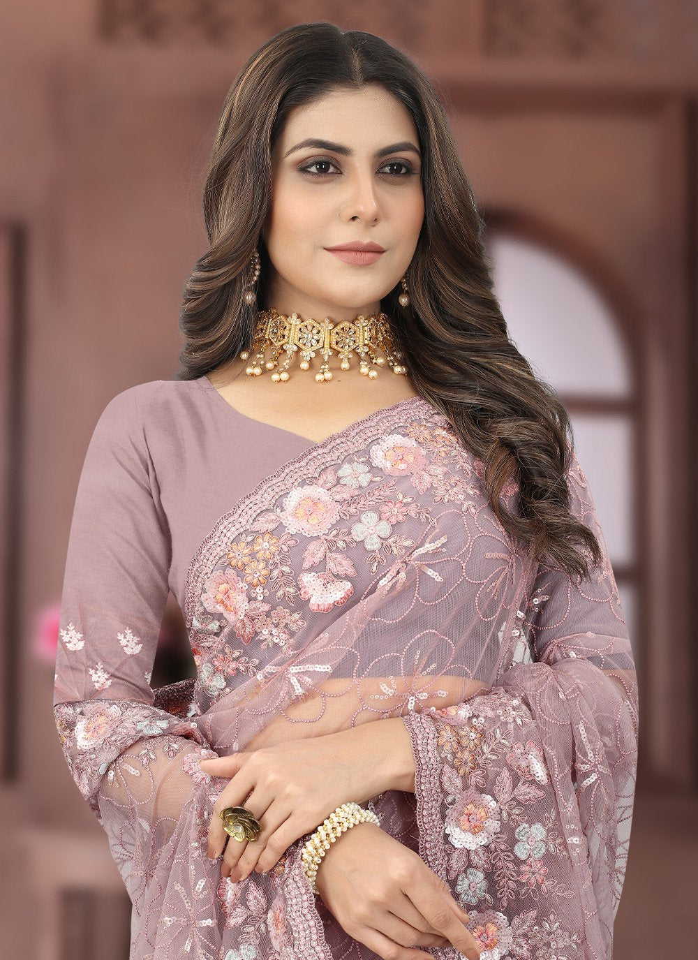 Contemporary Net Mauve Embroidered Saree