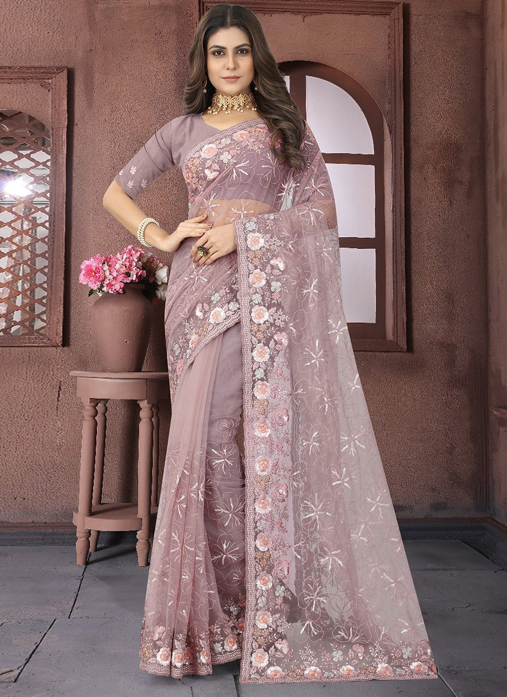 Contemporary Net Mauve Embroidered Saree