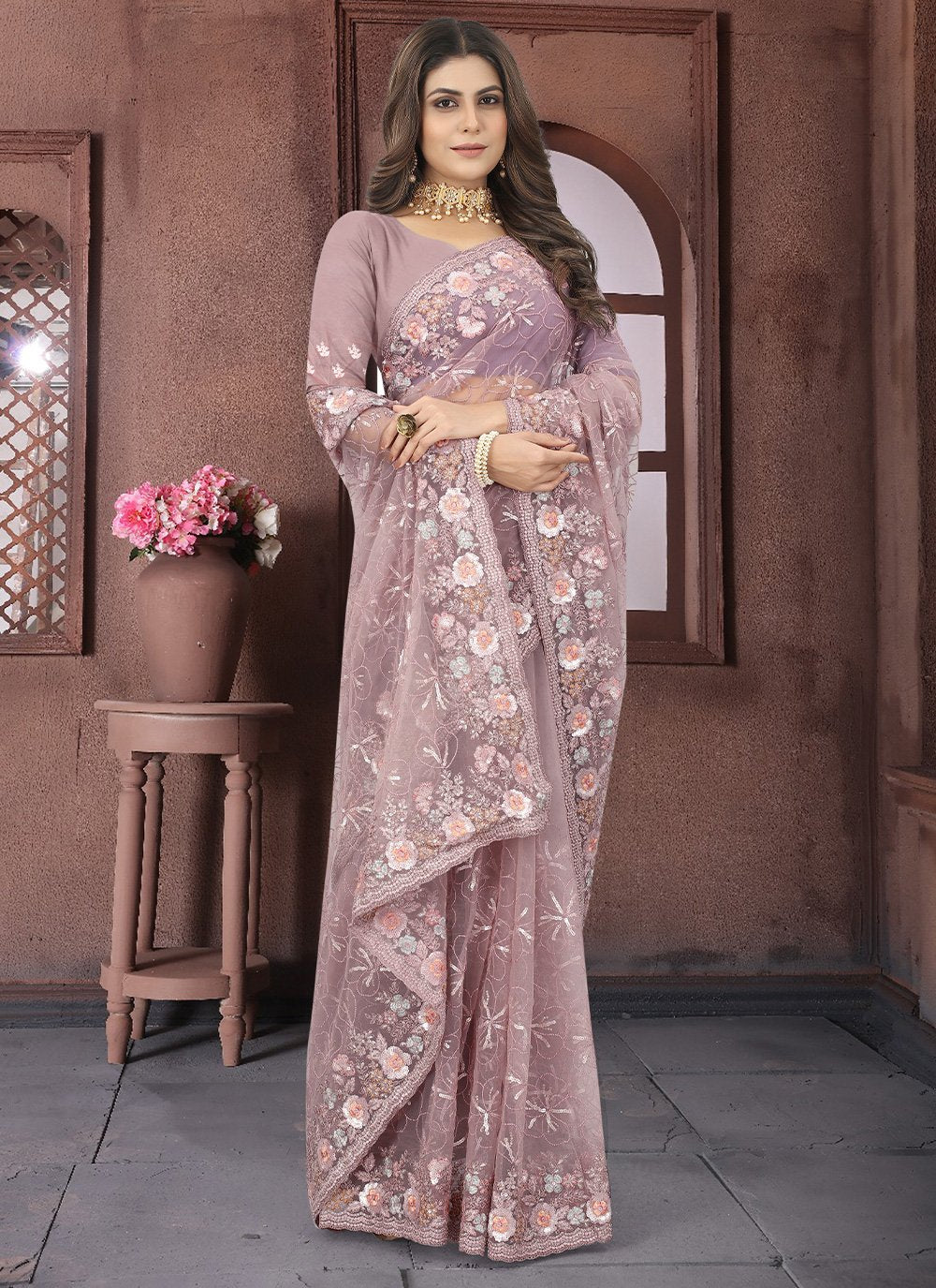 Contemporary Net Mauve Embroidered Saree