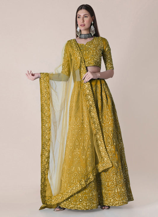 Lehenga Choli Tafeta Silk Mustard Embroidered Lehenga Choli