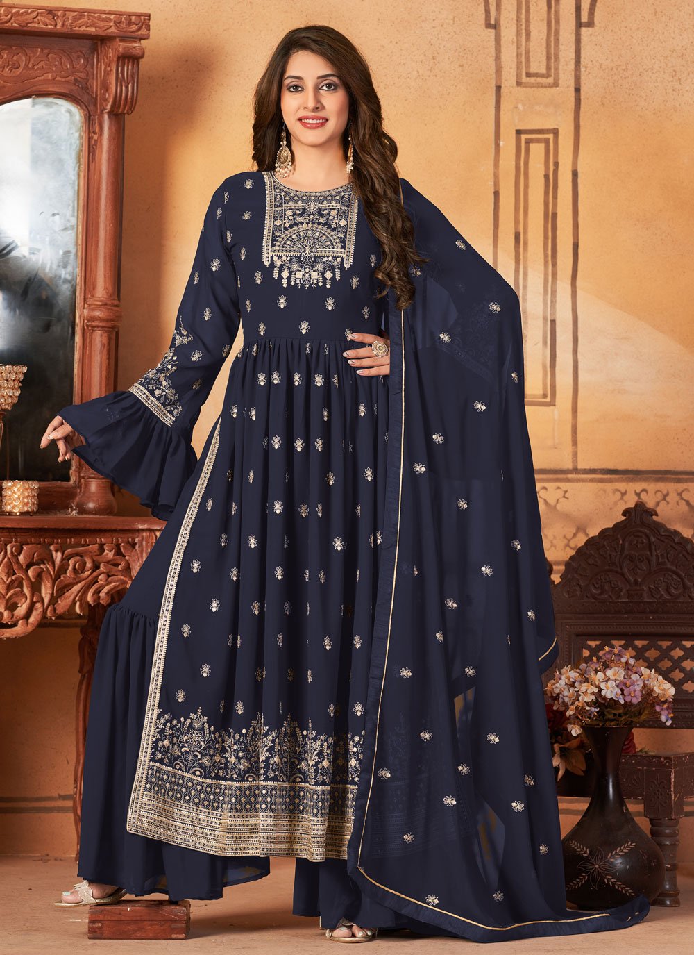 Salwar Suit Faux Georgette Blue Embroidered Salwar Kameez