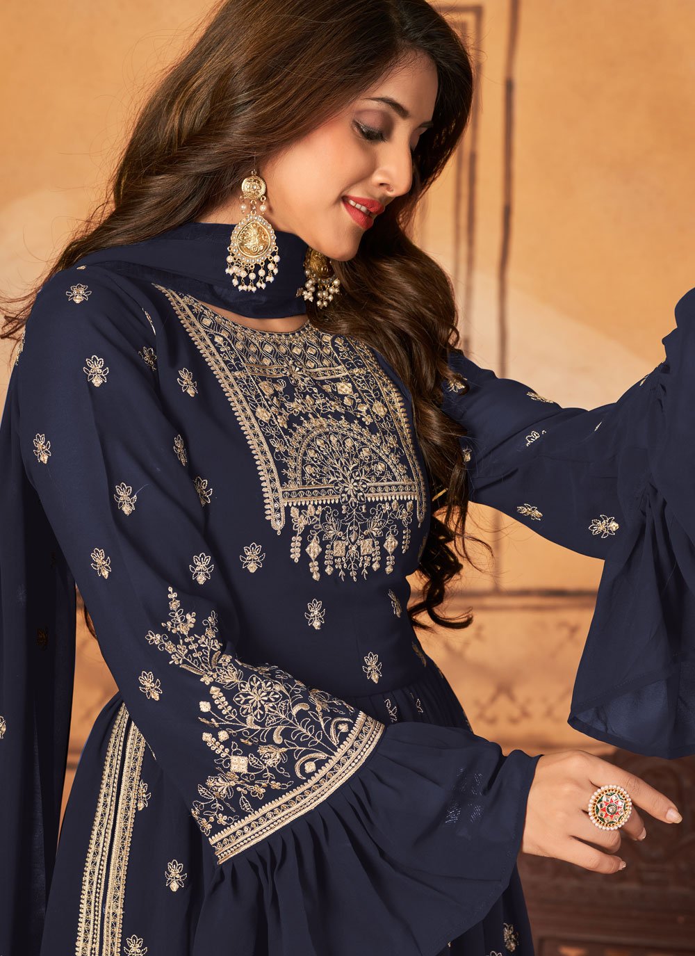 Salwar Suit Faux Georgette Blue Embroidered Salwar Kameez