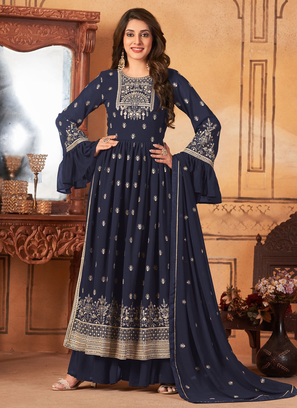 Salwar Suit Faux Georgette Blue Embroidered Salwar Kameez