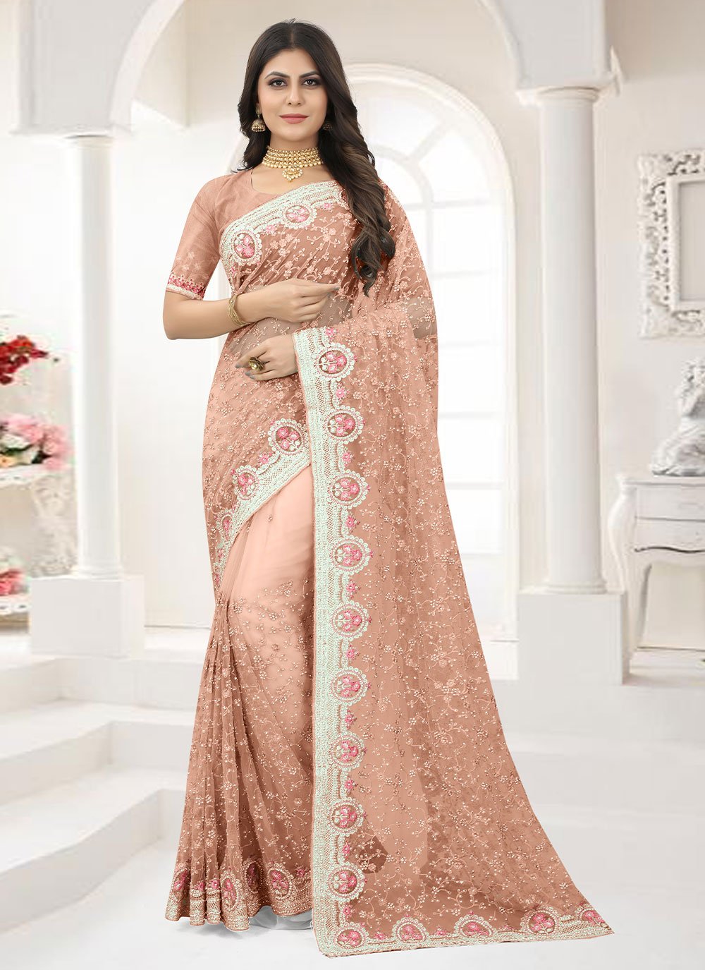 Contemporary Net Peach Embroidered Saree