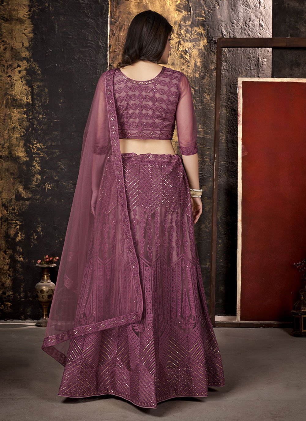 Lehenga Choli Net Mauve Embroidered Lehenga Choli